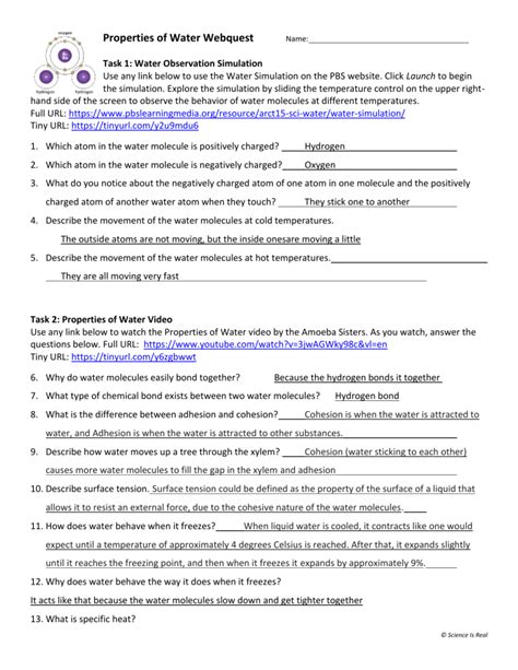 properties of water webquest answer key